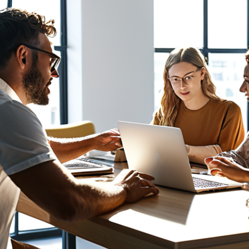 Home 14 ** A diverse group of employees collaborating in a bright, modern office. Sunlight streams in, highlighting a sense of transparency and open communication. Some are gathered around a table discussing ethical dilemmas, while others are using laptops, showcasing data privacy.
**