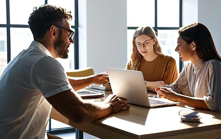 ** A diverse group of employees collaborating in a bright, modern office. Sunlight streams in, highlighting a sense of transparency and open communication. Some are gathered around a table discussing ethical dilemmas, while others are using laptops, showcasing data privacy.
**