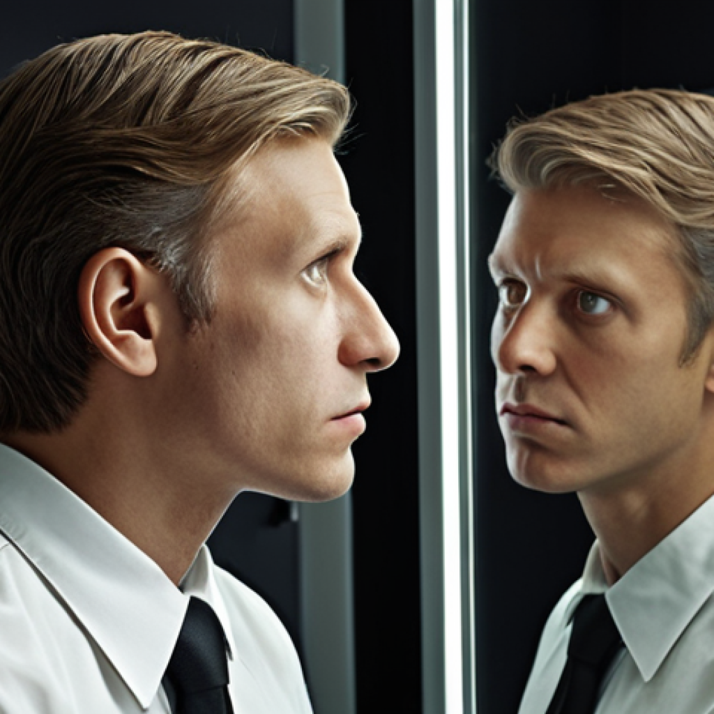 ** A leader looking in a mirror. The reflection shows not just their physical appearance, but also symbols representing ethical values like honesty, transparency, and fairness. The leader appears thoughtful, considering these values before making a decision.

**