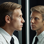 ** A leader looking in a mirror. The reflection shows not just their physical appearance, but also symbols representing ethical values like honesty, transparency, and fairness. The leader appears thoughtful, considering these values before making a decision.

**