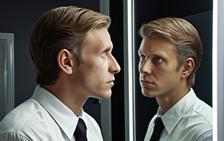 ** A leader looking in a mirror. The reflection shows not just their physical appearance, but also symbols representing ethical values like honesty, transparency, and fairness. The leader appears thoughtful, considering these values before making a decision.
**