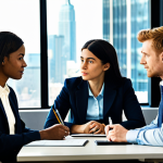 Ethical Reflection**

*   **Subject:** A diverse group of professionals sitting around a table in a sunlit conference room.
*   **Clothing:** All are fully clothed in modest, professional business attire (suits, dresses, button-down shirts, blouses).
*   **Environment:** A modern office with large windows overlooking a city skyline. Papers and tablets are on the table.
*   **Action:** They are engaged in thoughtful discussion, some with pens to paper, suggesting ethical decision-making or brainstorming.
*   **Mood:** Serene, contemplative, collaborative.
*   **Qualities:** "Professional photography, high quality, perfect anatomy, correct proportions, natural pose, well-formed hands, safe for work, appropriate content, fully clothed, professional, modest, family-friendly."

**