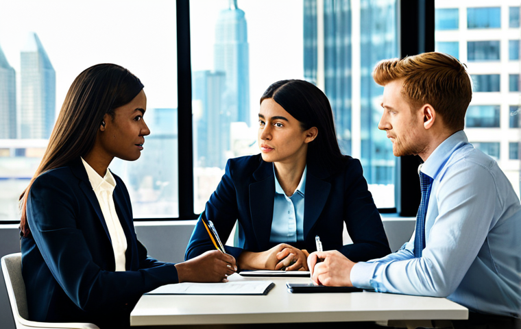 Ethical Reflection**

*   **Subject:** A diverse group of professionals sitting around a table in a sunlit conference room.
*   **Clothing:** All are fully clothed in modest, professional business attire (suits, dresses, button-down shirts, blouses).
*   **Environment:** A modern office with large windows overlooking a city skyline. Papers and tablets are on the table.
*   **Action:** They are engaged in thoughtful discussion, some with pens to paper, suggesting ethical decision-making or brainstorming.
*   **Mood:** Serene, contemplative, collaborative.
*   **Qualities:** "Professional photography, high quality, perfect anatomy, correct proportions, natural pose, well-formed hands, safe for work, appropriate content, fully clothed, professional, modest, family-friendly."

**