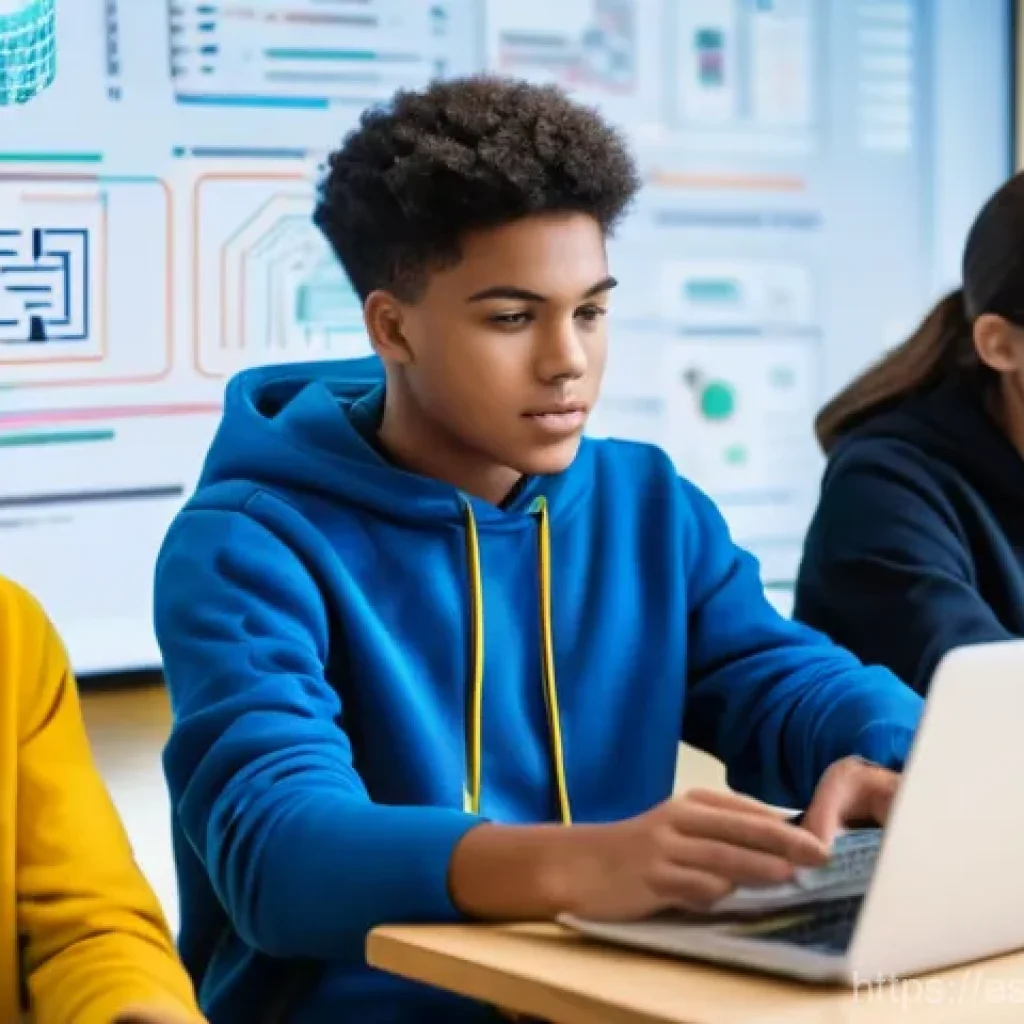 윤리적 나침반의 역할과 중요성 교육자료 - **Digital Guardians: Cybersecurity Education**
A diverse group of high school students (around 1...