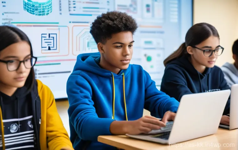 윤리적 나침반의 역할과 중요성 교육자료 - **Digital Guardians: Cybersecurity Education**
A diverse group of high school students (around 1...