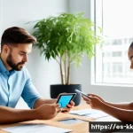 Home 20 윤리적 나침반 개발을 위한 도구 추천 - A modern digital workspace scene showing a diverse group of professionals using mobile apps on smart...