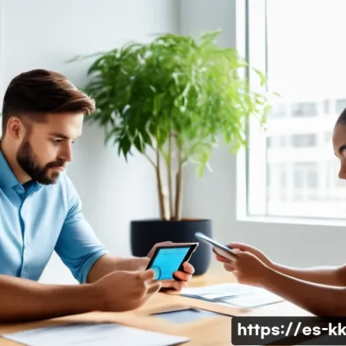 Home 32 윤리적 나침반 개발을 위한 도구 추천 - A modern digital workspace scene showing a diverse group of professionals using mobile apps on smart...