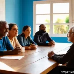 Home 19 윤리적 나침반 구축을 위한 인식 제고 캠페인 - A diverse group of people sitting around a wooden table in a warm, sunlit community center in Spain,...