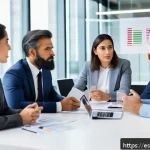 Home 18 윤리적 나침반 개발에서의 리더십 역할 - A diverse group of professional business leaders in a modern office setting engaged in an ethical le...