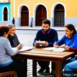 Home 23 윤리적 나침반의 사회적 영향력 평가 - A vibrant neighborhood scene in a Spanish town during a community meeting in a public square, showin...